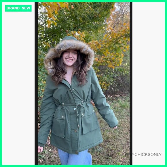 Fleece Lined Parka Jacket Hooded Warm Thicken Coat With Fur Hood - Picture 7 of 7